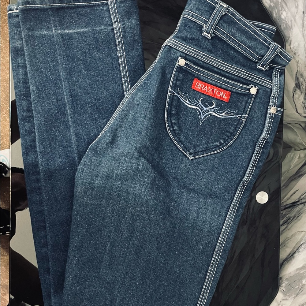 Classic Blue Boot Cut Jeans with Worn Texture